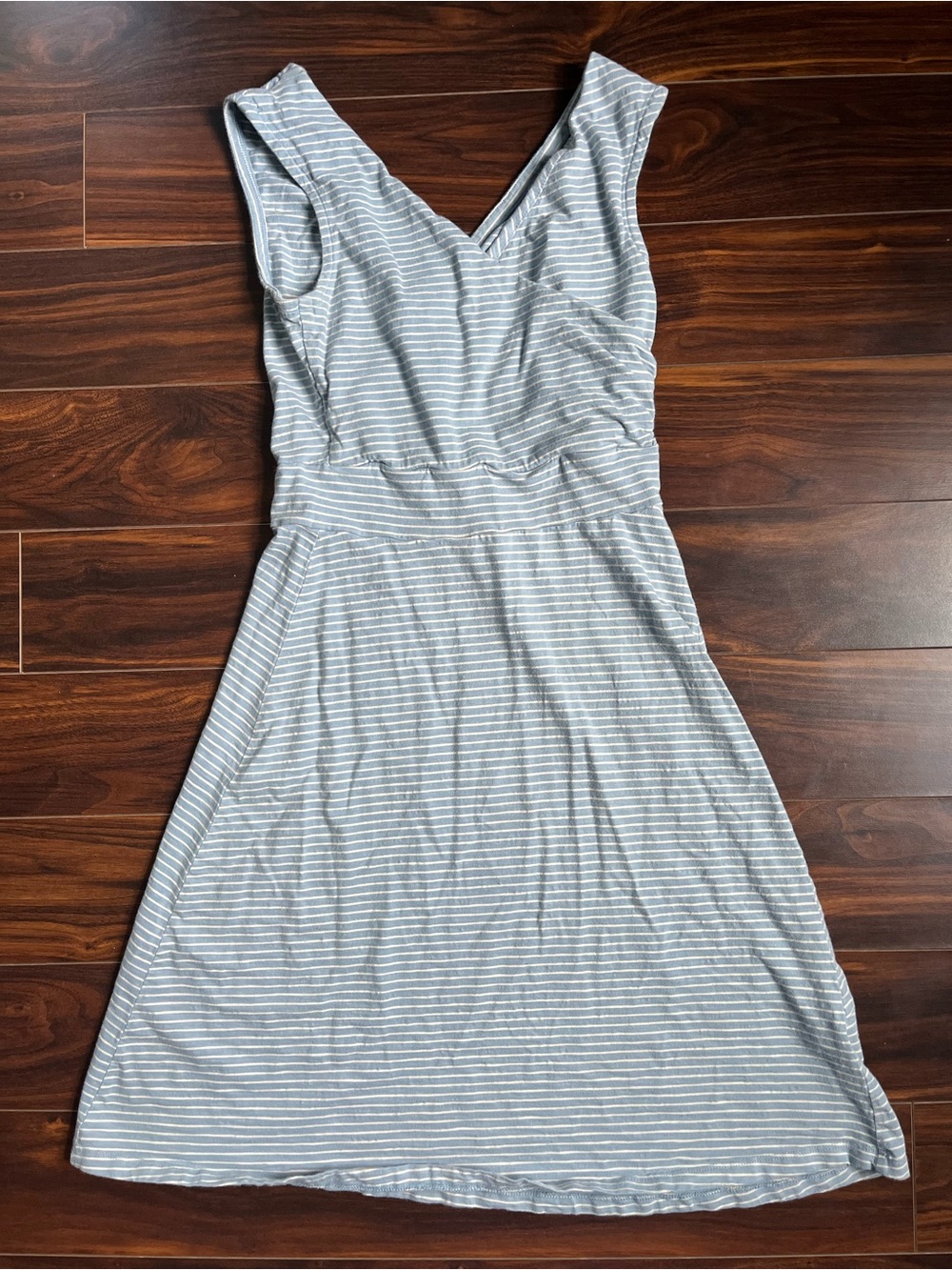 Patagonia Light Blue & White Striped V-Neck Midi Dress w/ Wrap Detail, S